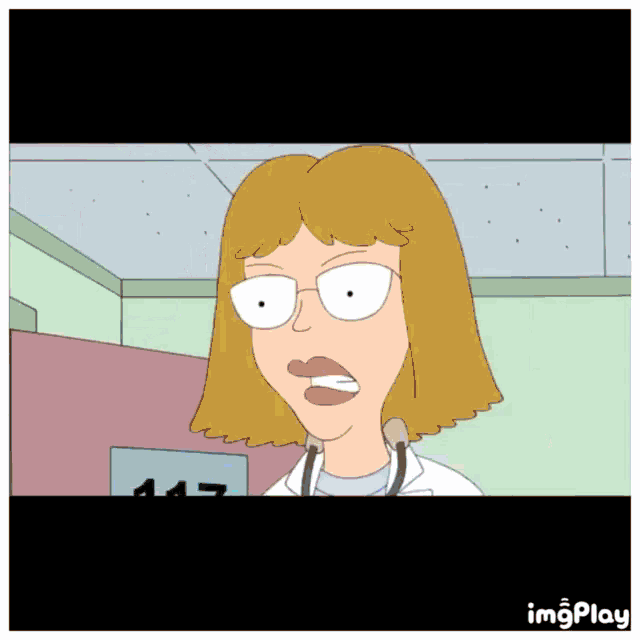 a cartoon of a woman with a stethoscope around her neck and a sign that says 147