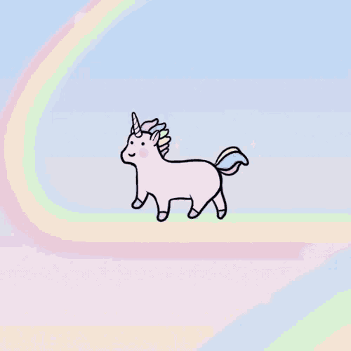 a drawing of a pink unicorn with a rainbow in the background