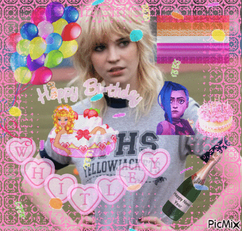 a picture of a girl with balloons and a cake with the words happy birthday written on it