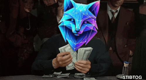 a man in a suit is holding a bunch of money with a cat face on his head .
