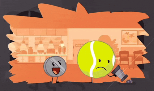 a coin and a tennis ball are standing in front of a building