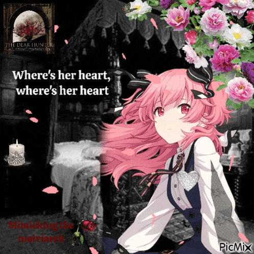 a girl with pink hair is surrounded by pink and purple flowers and says where 's her heart where 's her heart