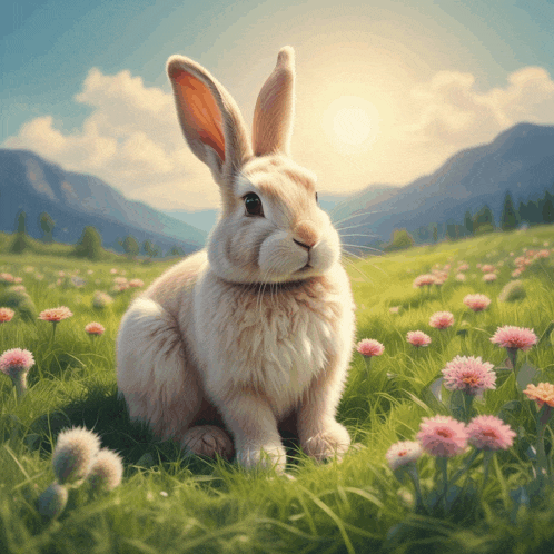 a rabbit is sitting in a field of pink flowers