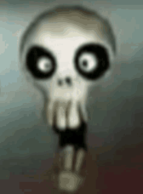 a close up of a cartoon skull with big black eyes and teeth