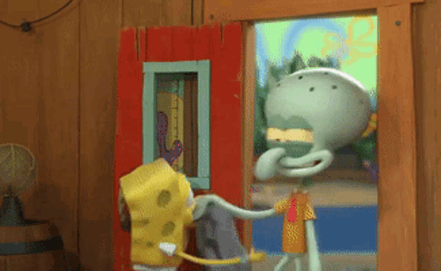 spongebob and squidward are standing next to each other in a doorway