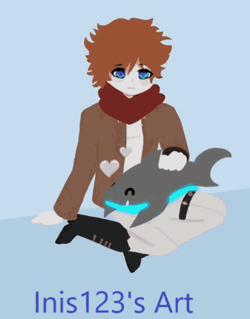 a drawing of a boy holding a shark with the name inis123 's art on the bottom right