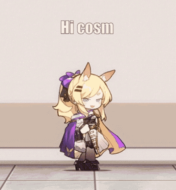 a cartoon of a girl with the words hi cosm on the bottom