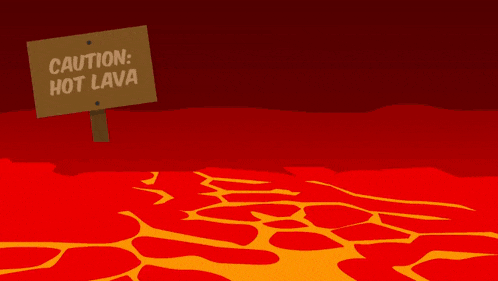 a cartoon character is holding a sign that says caution hot lava .