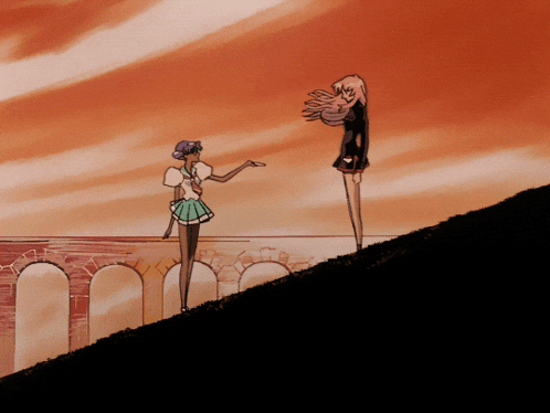 a cartoon of two girls standing on a hill