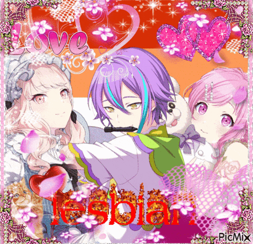 a picture of three anime characters with the word lesbian written in red
