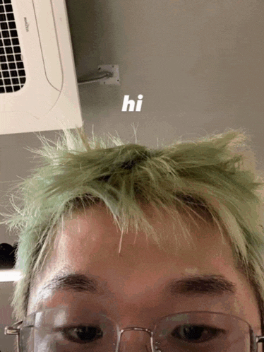 a close up of a person 's face with green hair and the word hi on the bottom