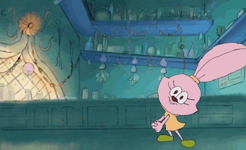 a cartoon of a pink rabbit standing in a room