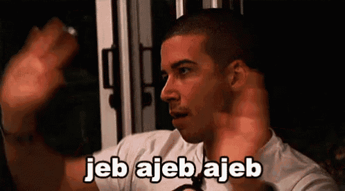 a man in a white shirt is flexing his muscles and the words jeb ajeb ajeb are above him .