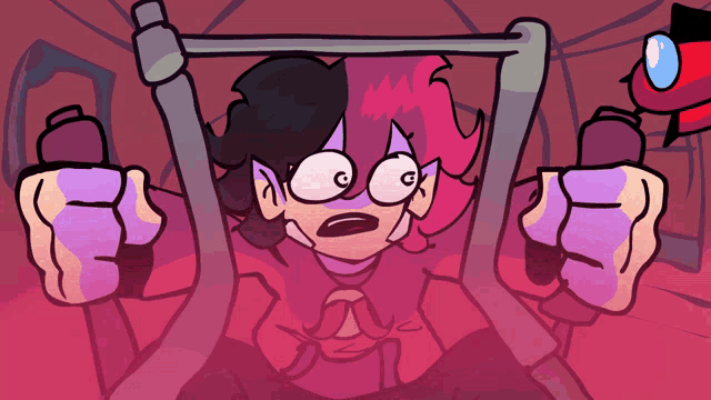 a cartoon drawing of a girl with pink hair and black hair