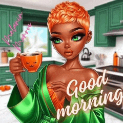 a woman with orange hair is holding a cup of coffee .