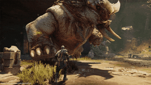 a video game character is standing in front of a large monster with horns