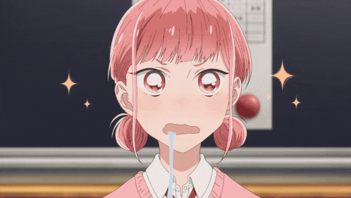 a girl with pink hair has a tear running out of her nose