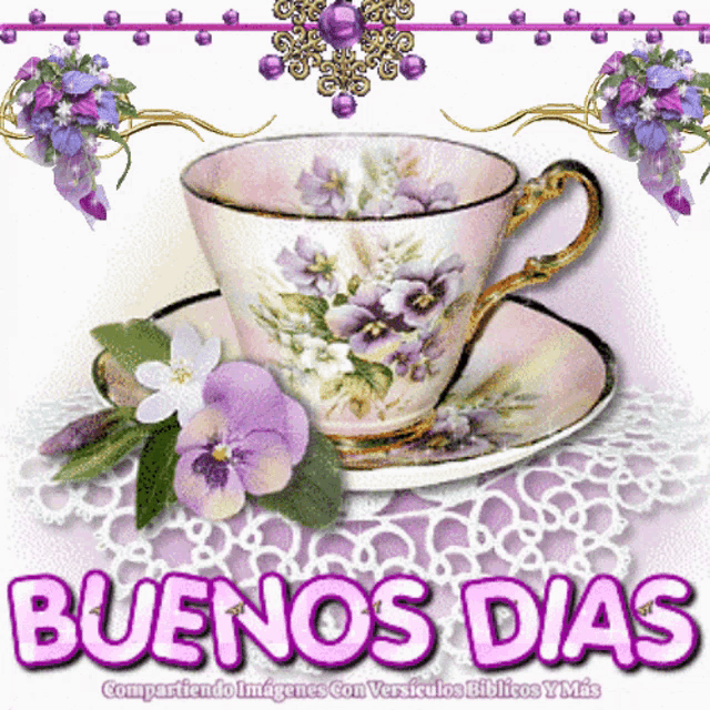 a cup and saucer with purple flowers and the words buenos dias below it