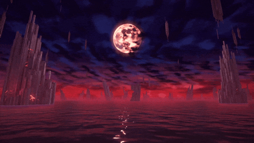 a full moon shines over a dark landscape