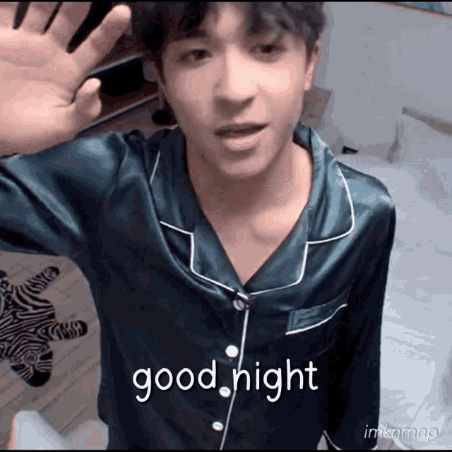 a young man in pajamas says good night with his hand