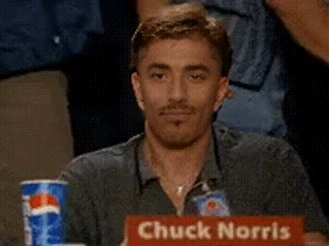 a man is sitting in front of a sign that says chuck norris on it .