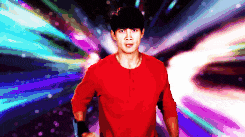 a pixel art of a man in a red shirt running