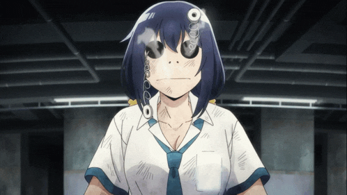 a girl in a white shirt and blue tie has a bubble coming out of her mouth