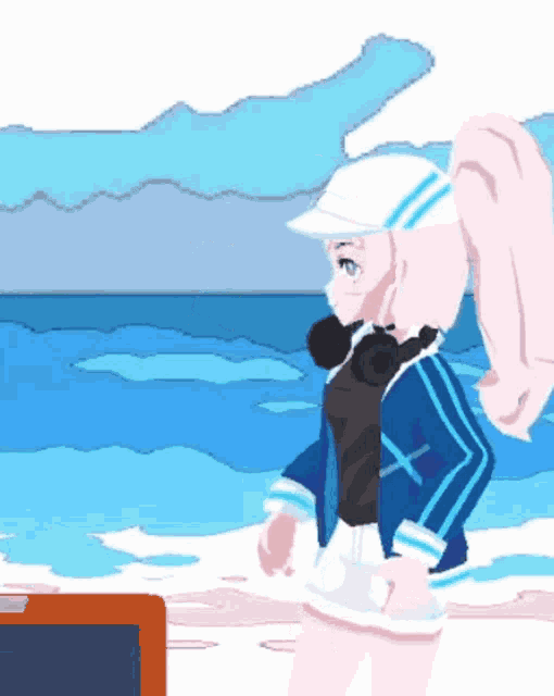 a pixel art drawing of a girl on the beach