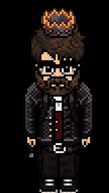 a pixel art drawing of a man with a beard and a crown on his head