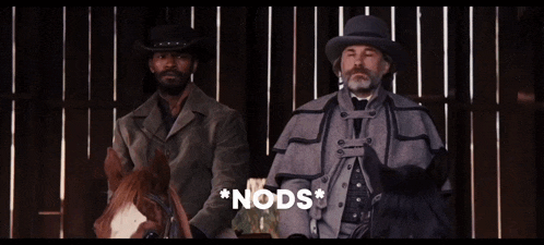 a man riding a horse next to another man with the word nods on the bottom right