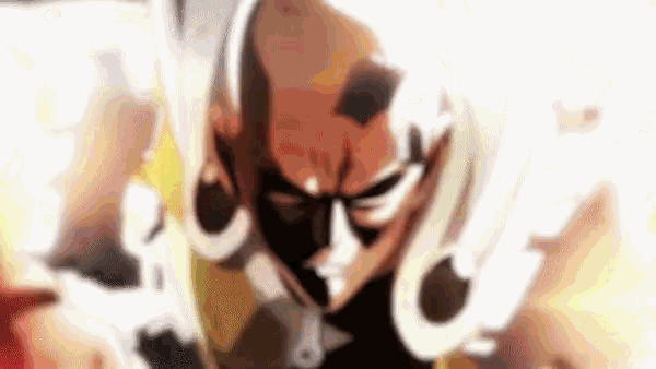 a close up of a cartoon character 's face with a glowing light behind him .
