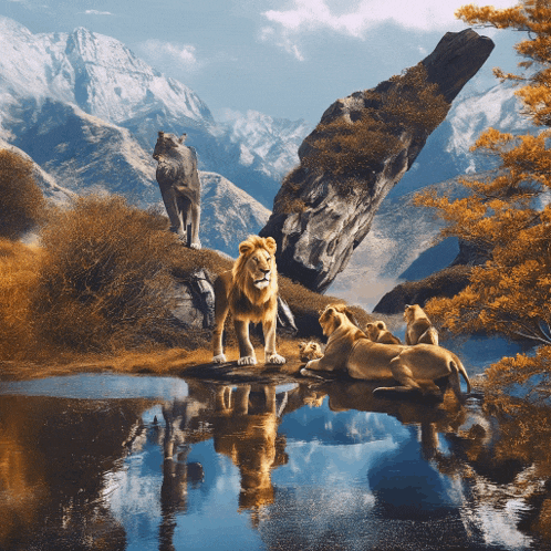 a painting of a family of lions standing on a rock near a body of water