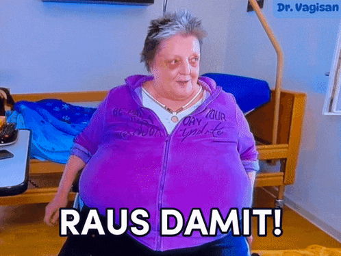 a woman wearing a purple jacket with the words raus damit on it