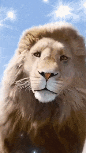 a painting of a lion against a blue sky with the sun shining through the clouds