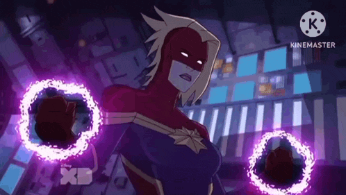 captain marvel is a superhero in a cartoon and is holding a purple ring in her hand .