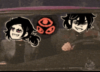 two cartoon characters are driving a car and one has a red eye