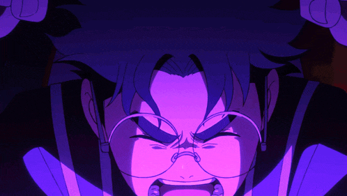 a close up of a person with glasses and a purple background