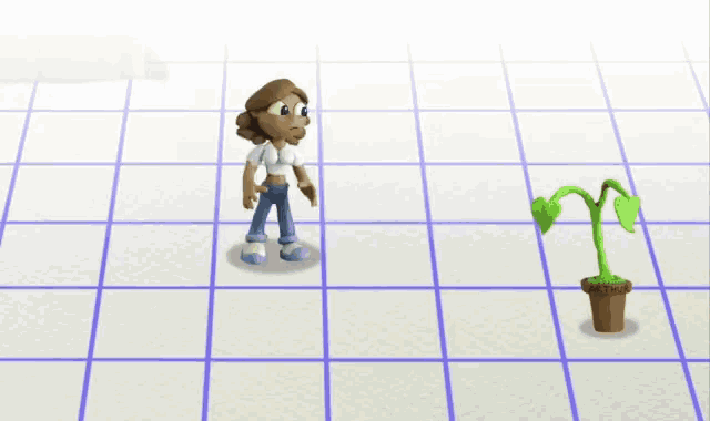 a cartoon character is standing next to a small plant
