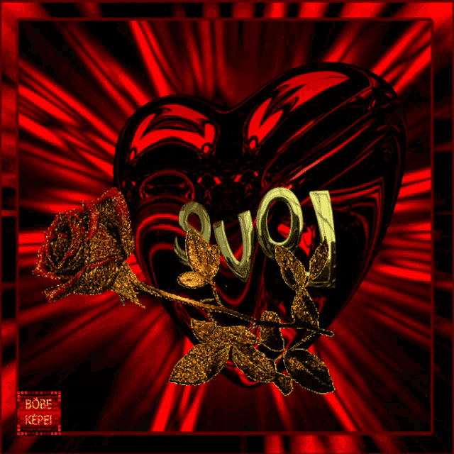 a red heart with the word love on it and gold roses