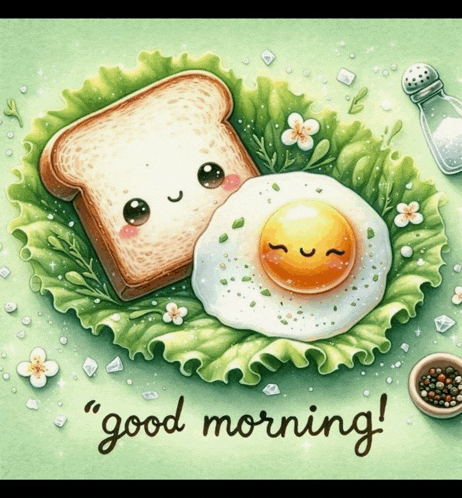 a painting of a fried egg and a slice of bread with the words " good morning " written below it
