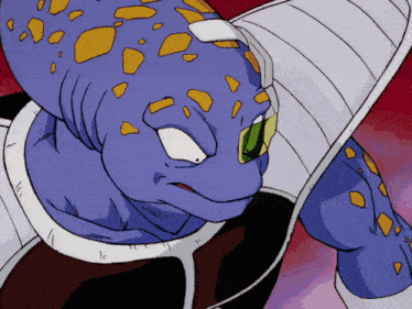 a close up of a cartoon character with a purple body