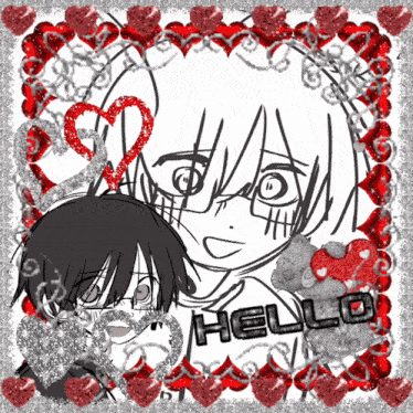 a black and white drawing of a girl and a boy with the word hello written on the bottom
