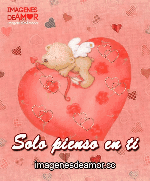 a teddy bear is laying on a red heart with the words solo pienso en ti