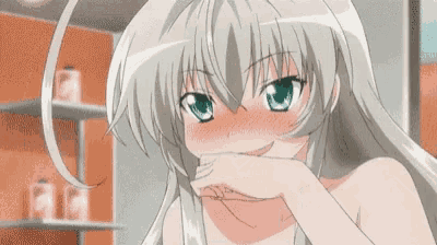 a naked anime girl with white hair and green eyes covering her mouth with her hand