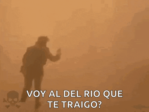 a silhouette of a person in a foggy area with the words voy al del rio que te traigo