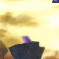 a video game scene with a purple object flying in the sky .