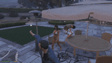 a video game screen shows a man standing next to a woman under an umbrella with a price tag of $ 21427393647