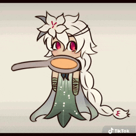 a drawing of a girl with a flower in her hair and a spoon in her mouth