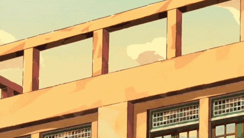 a cartoon drawing of a building with a balcony and lots of windows
