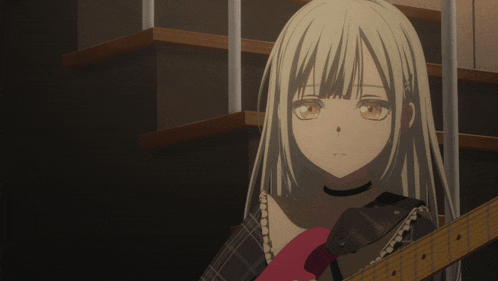 a girl with long white hair is holding a guitar in her hand